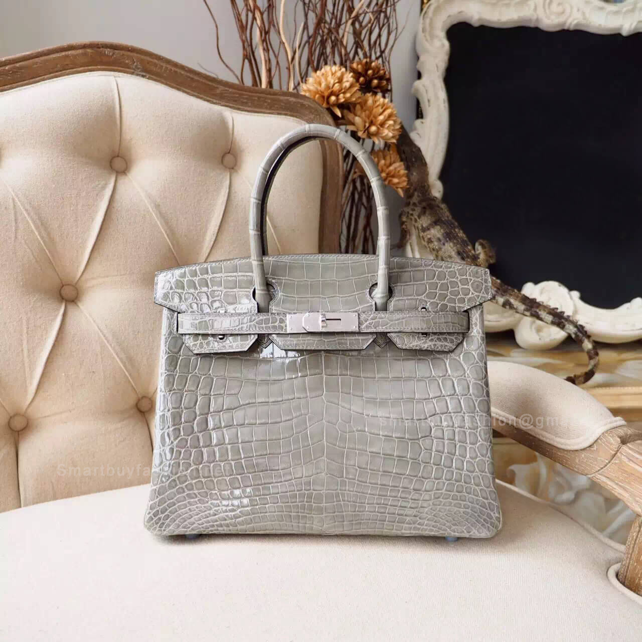 Hermes Birkin 30 Bag in Gris Tourterelle Shiny Nile Croc PHW